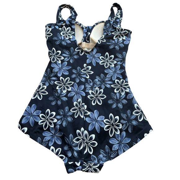 Maxine Black White Grey Floral One Piece Swimsuit 14 Vintage 90s Pinup Spa Girl - Picture 2 of 13